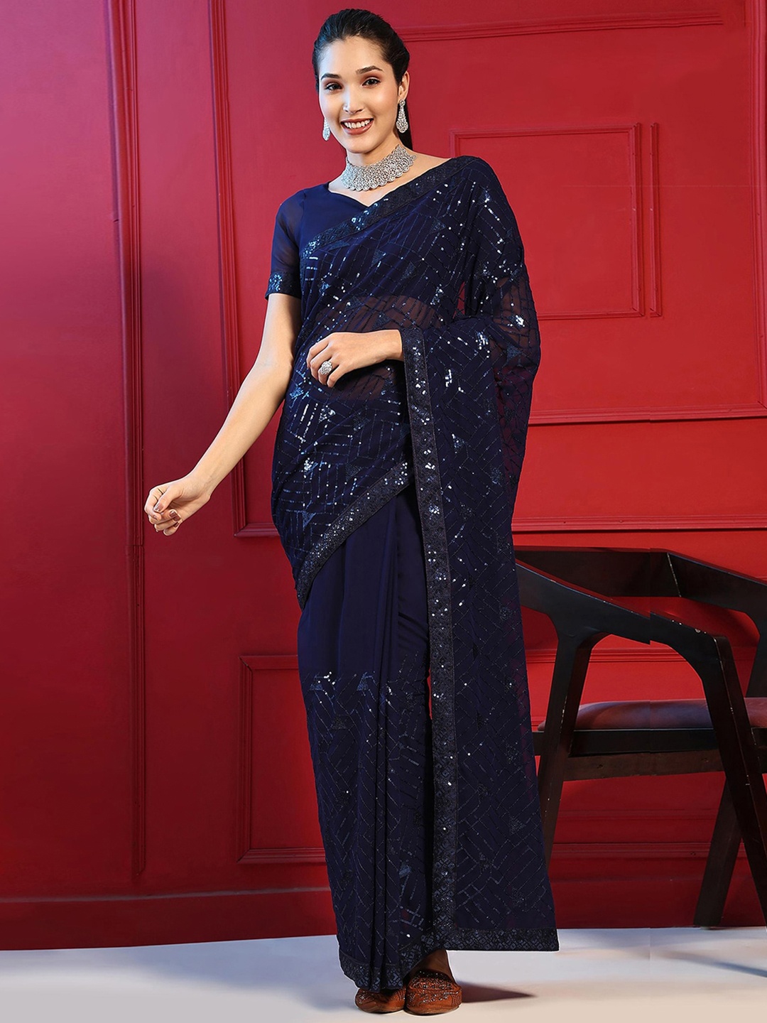 

Satrani Navy Blue Geometric Embroidered Sequined Poly Georgette Saree