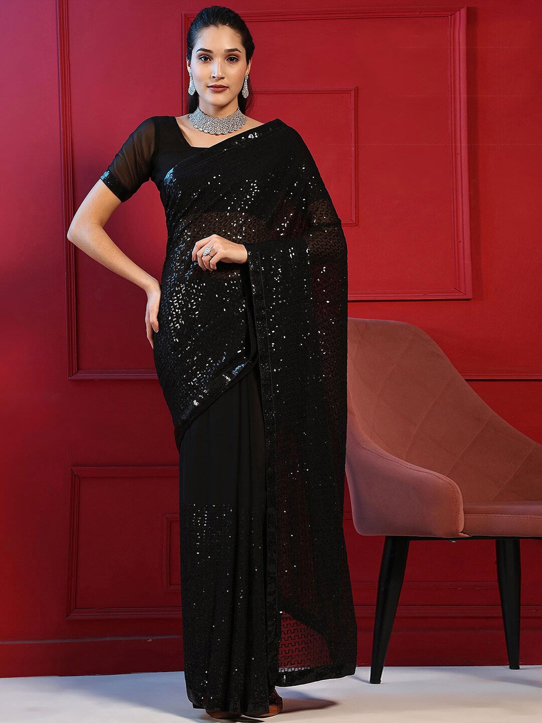 

Satrani Black Geometric Embroidered Sequined Poly Georgette Saree