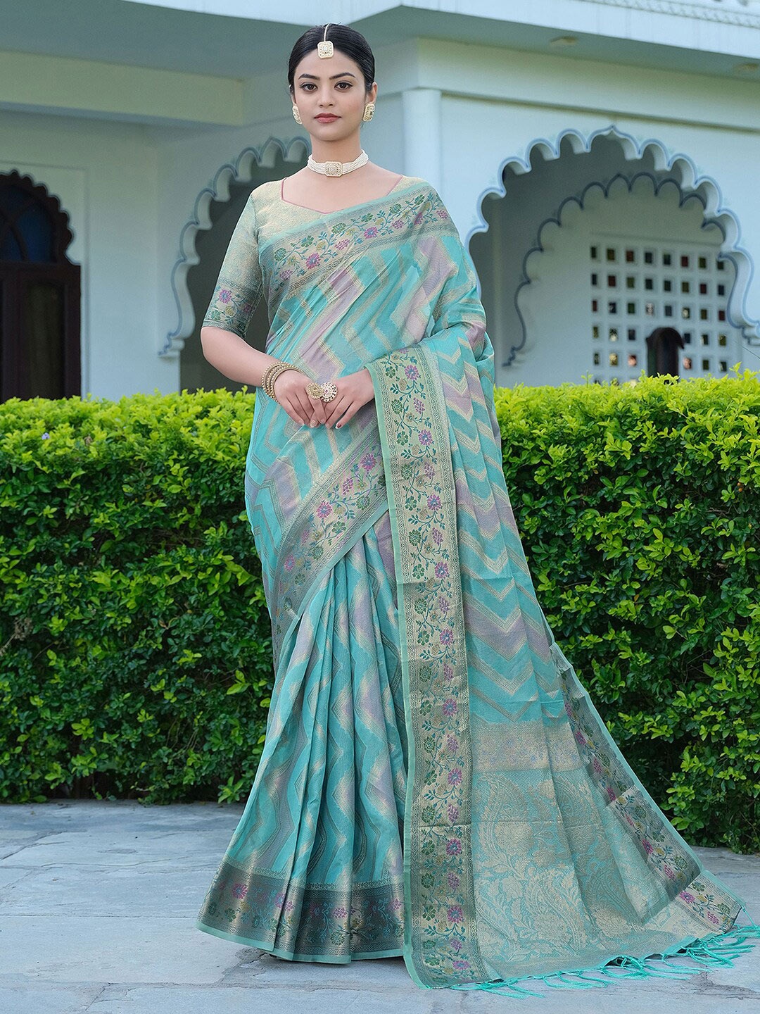 

Satrani Turquoise Blue & Lavender Chevron Woven Design Zari Banarasi Saree