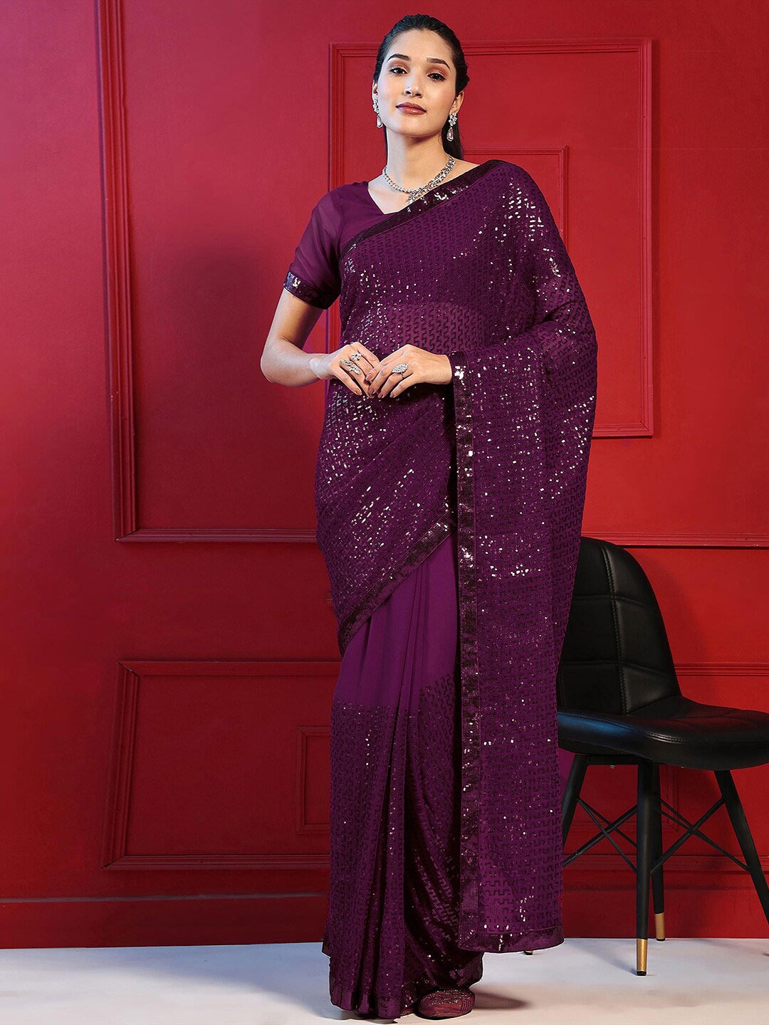 

Satrani Purple Geometric Embroidered Sequined Poly Georgette Saree