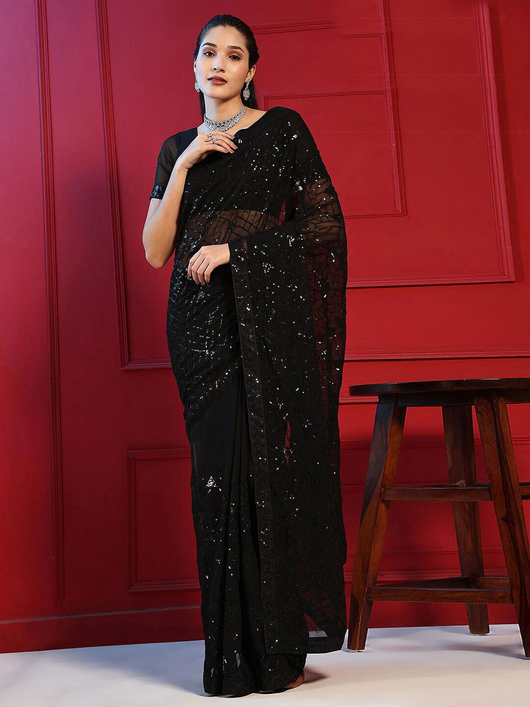 

Satrani Black Geometric Embroidered Sequined Poly Georgette Saree