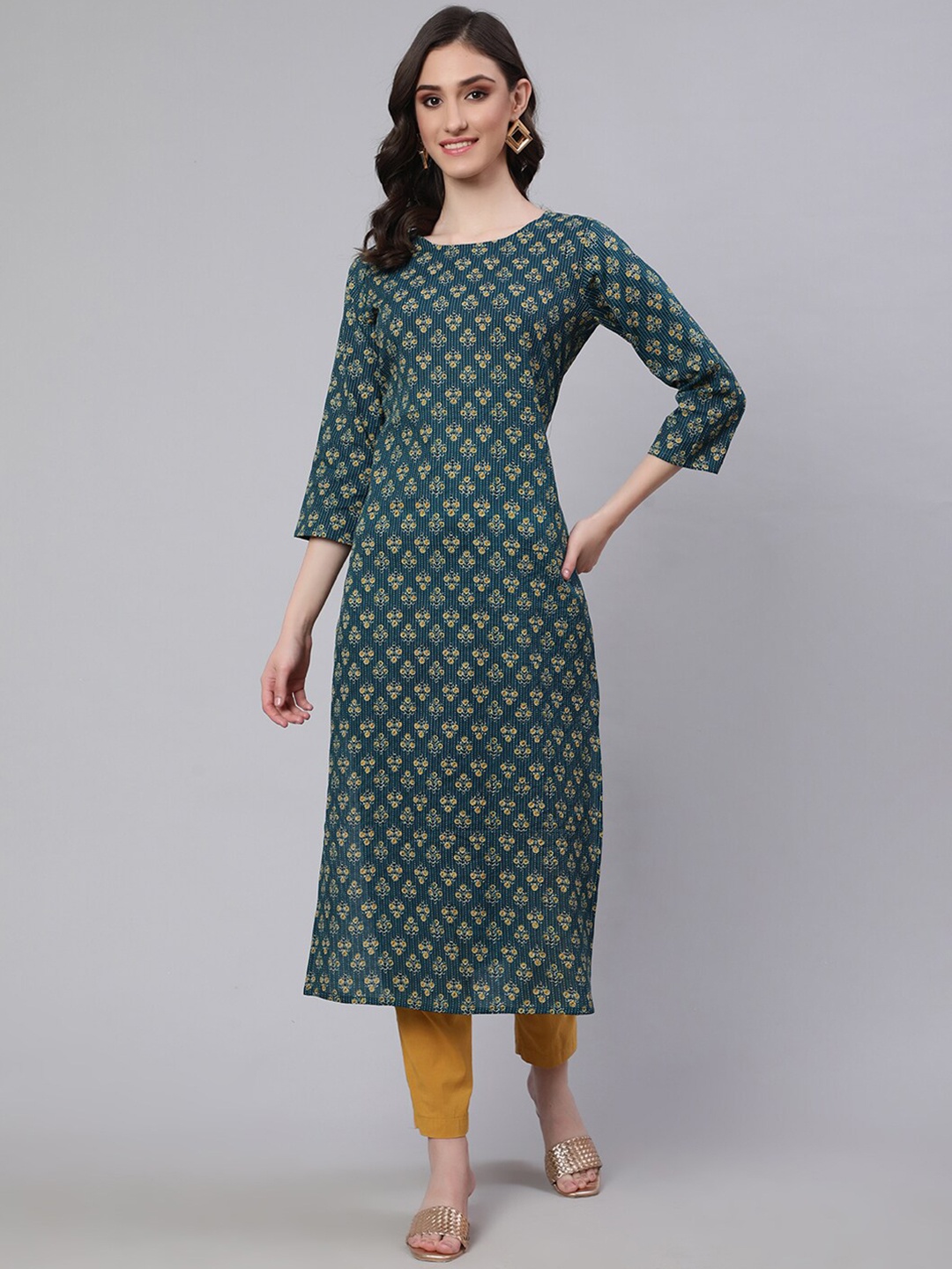 

Nayo Teal Floral Printed Pure Cotton Straight Kurta