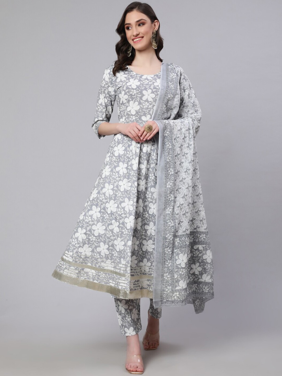 

Nayo Ethnic Motifs Printed Regular Pure Cotton A-Line Kurta With Trousers & Dupatta, Grey