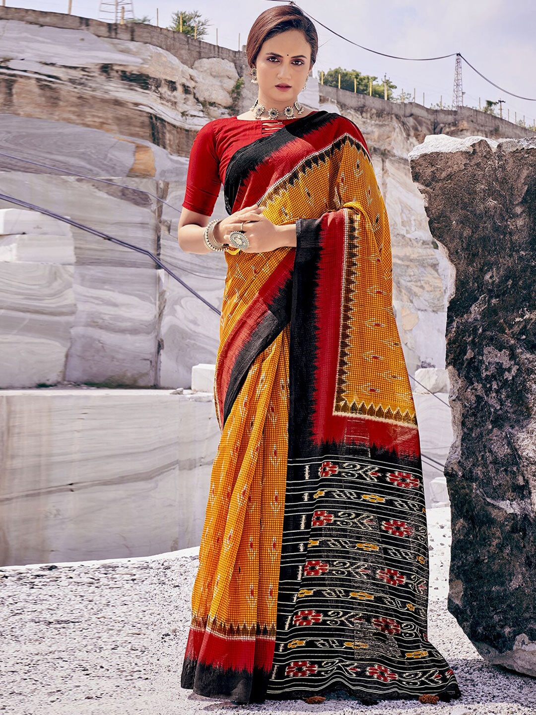 

Mitera Mustard & Red Ethnic Motifs Printed Saree