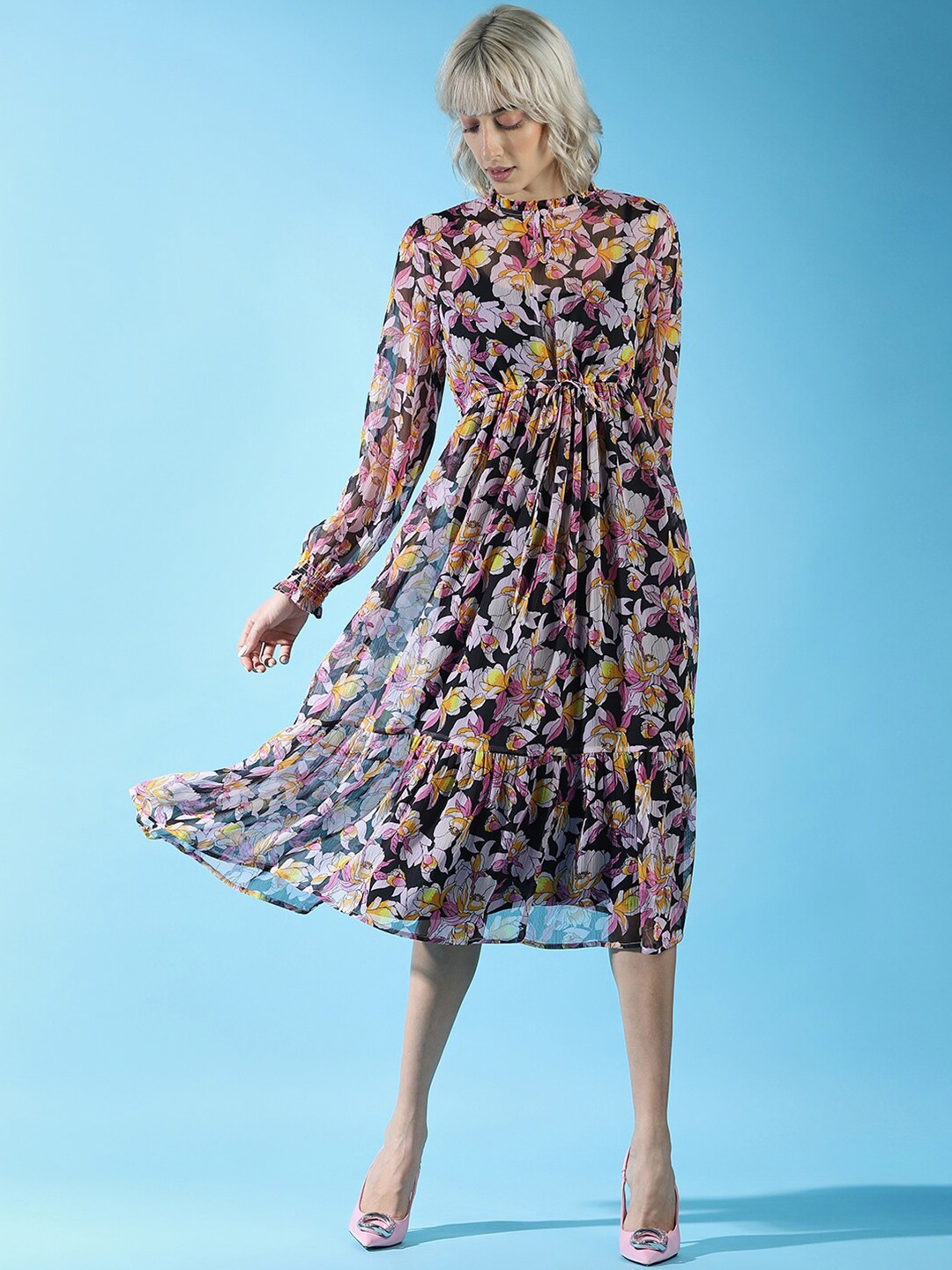 

ONLY Floral Printed Mock Puff Sleeve A-Line Midi Dress, Black