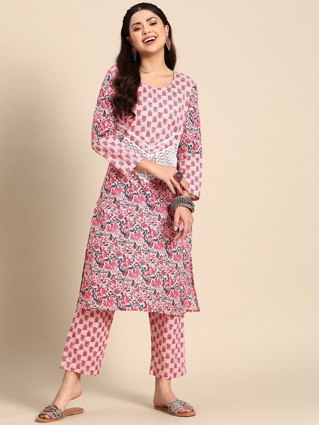 

Sangria Ethnic Motifs Printed Round Neck Pure Cotton A-Line Kurta With Trouser, Pink