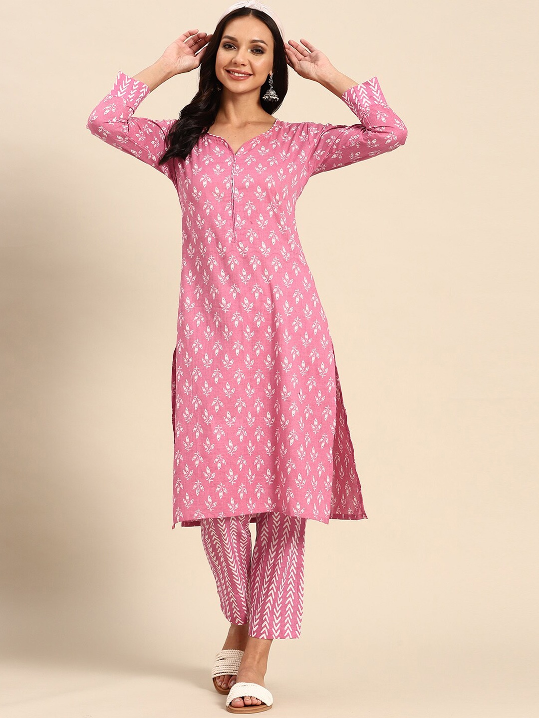 

Sangria Pink Ethnic Motifs Printed V-Neck Pure Cotton Straight Kurta With Trouser