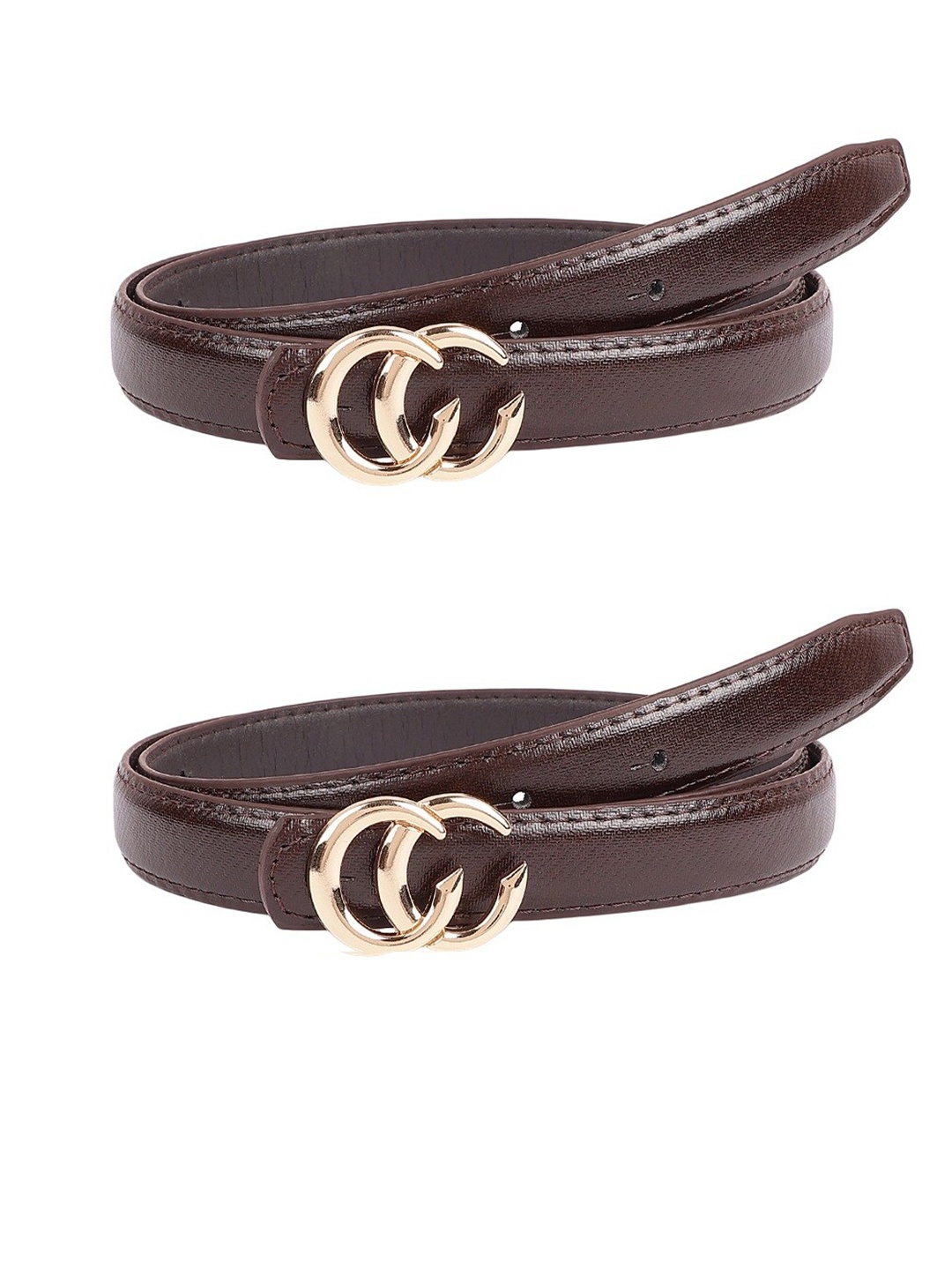 

ZEVORA Women Set Of 2 Leather Textured Slim Formal Belts, Brown