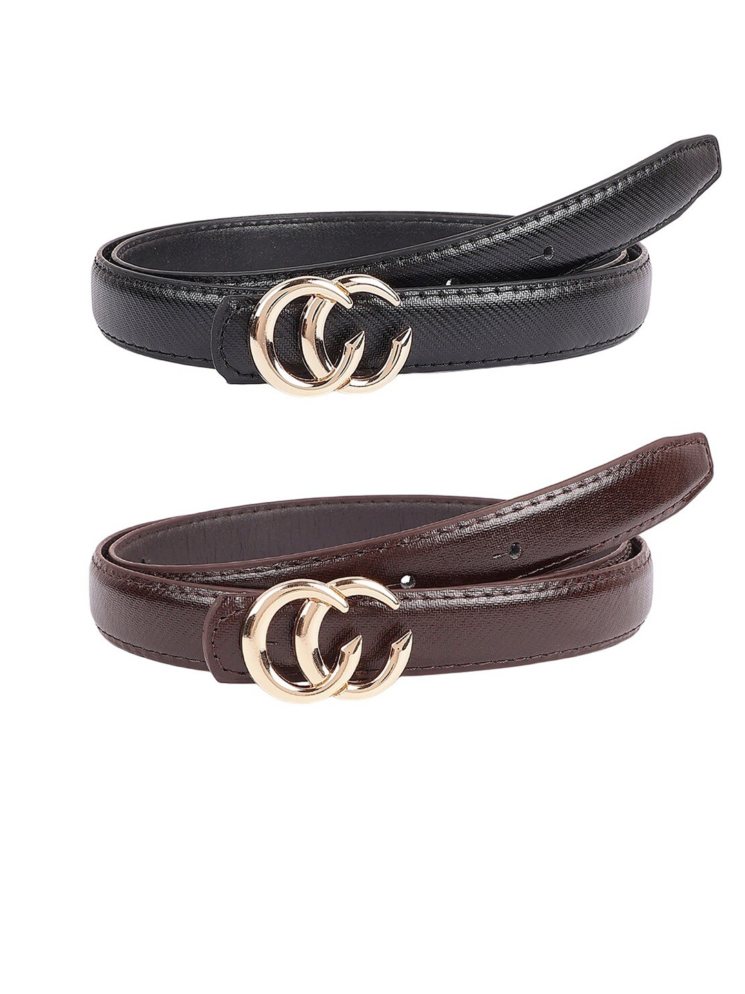 

ZEVORA Women Set Of 2 Leather Textured Slim Formal Belts, Black