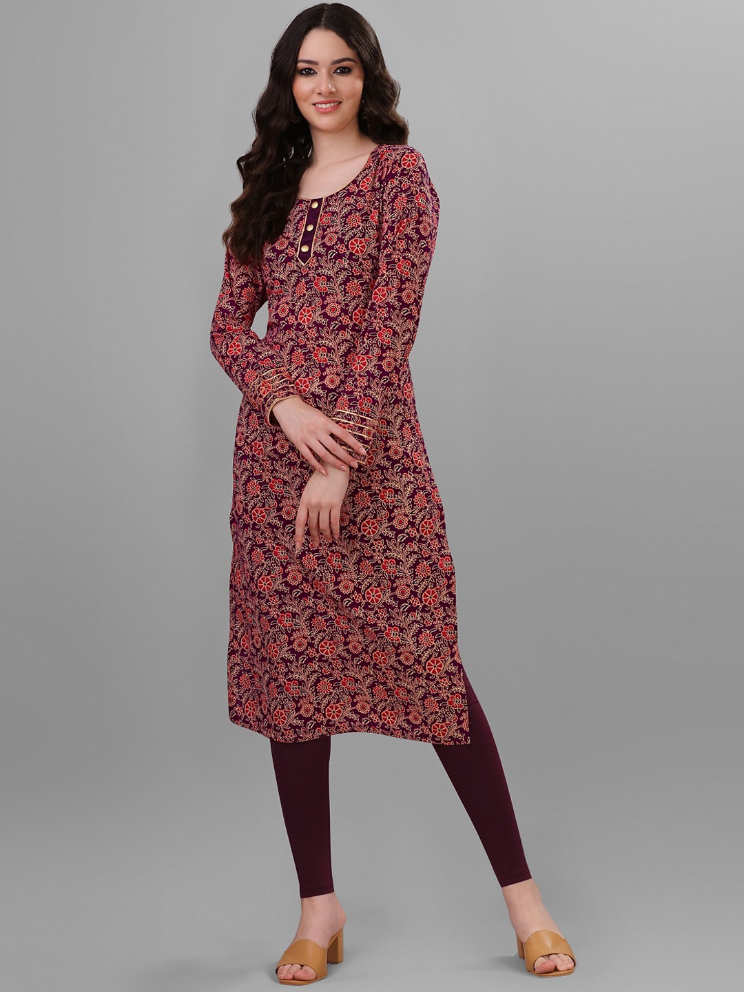 

WEAVLLITE Floral Printed Block Print Pure Cotton Kurta, Maroon