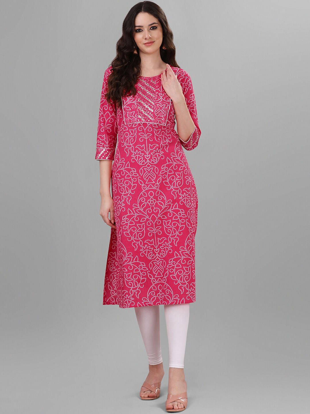 

WEAVLLITE Ethnic Motifs Printed Sequinned Pure Cotton Kurta, Pink