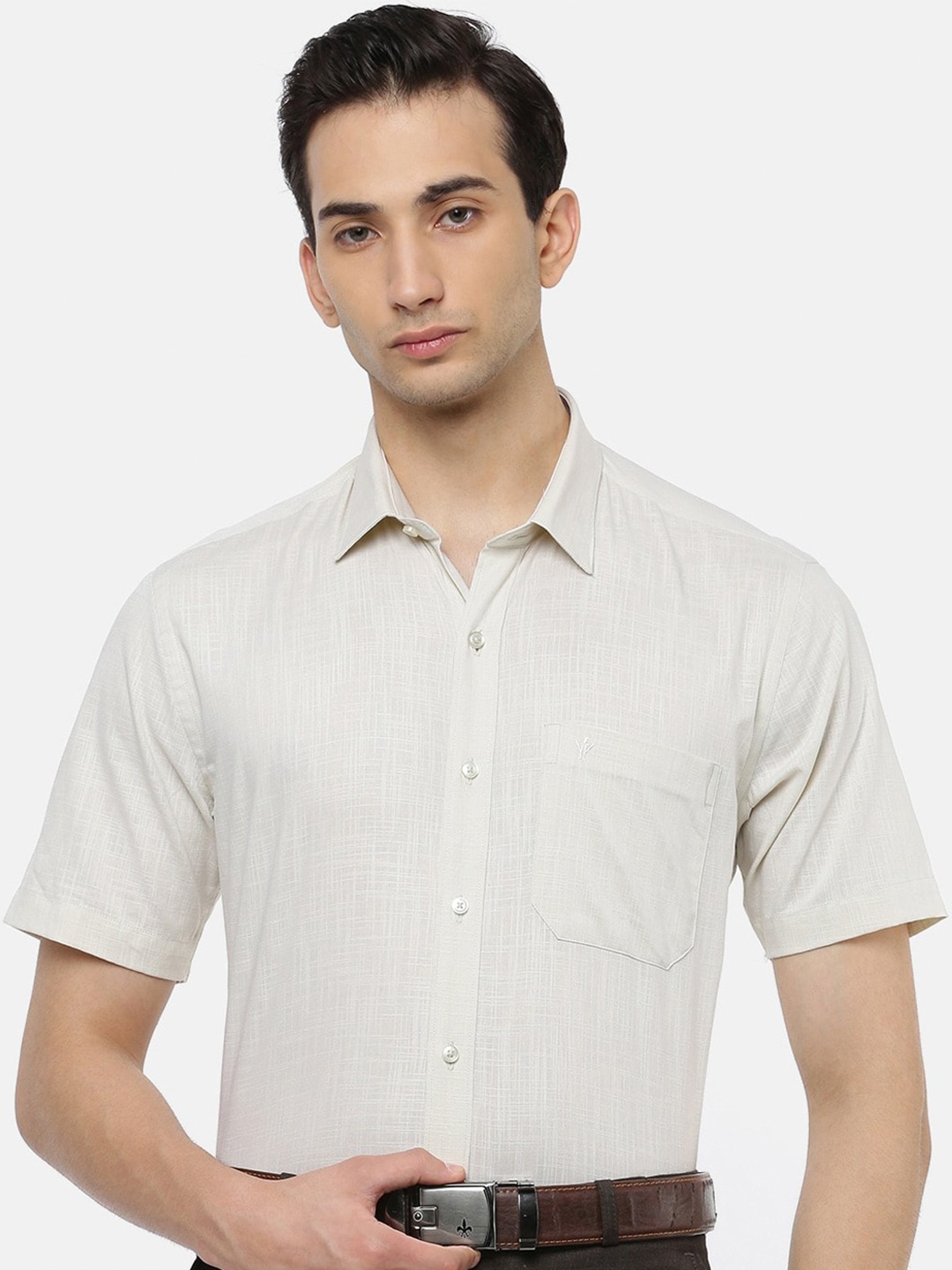 

Ramraj Original Grid Spread Collar Pure Cotton Formal Shirt, Cream