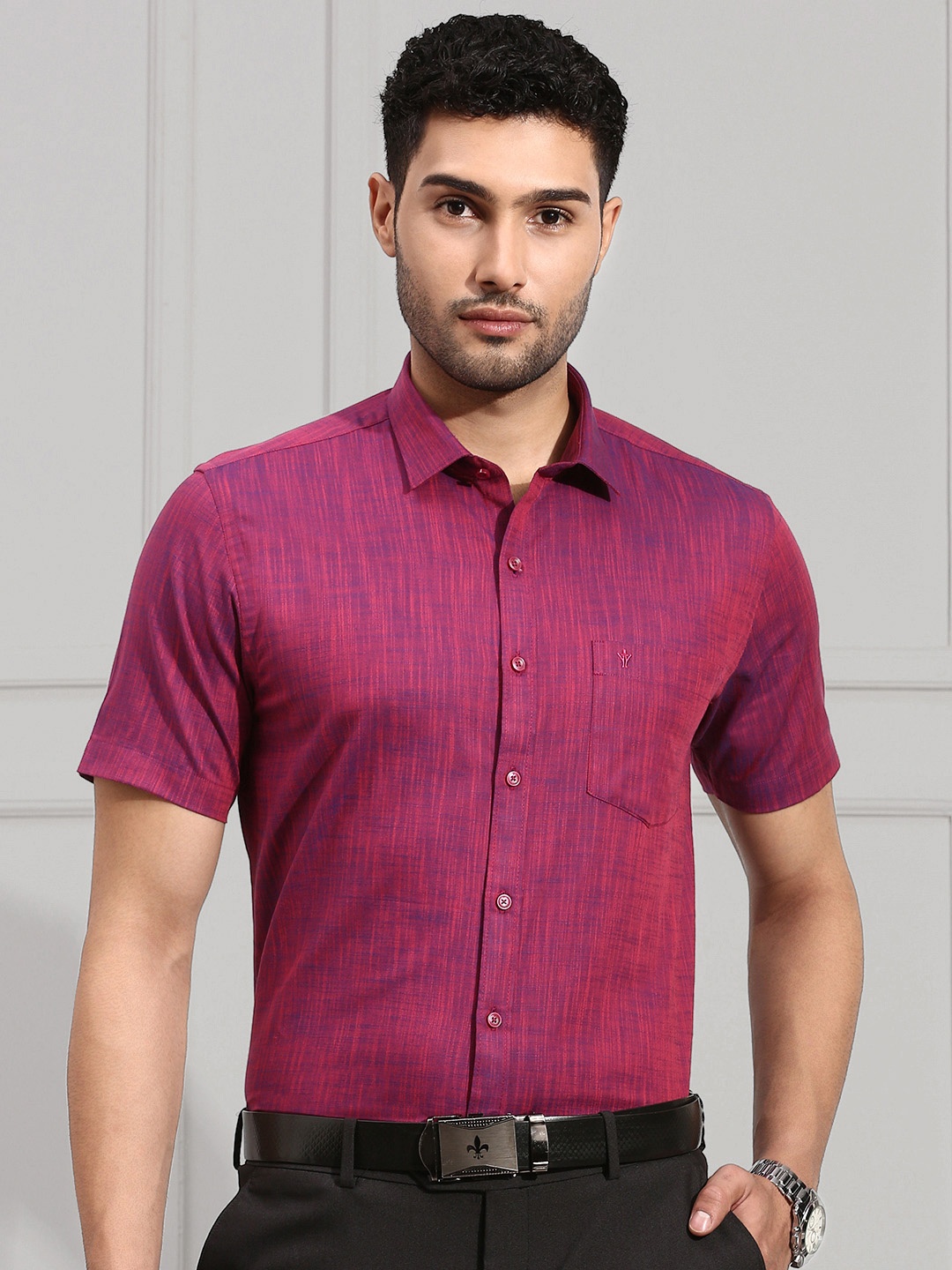 

Ramraj Original Self Design Opaque Pure Cotton Formal Shirt, Pink