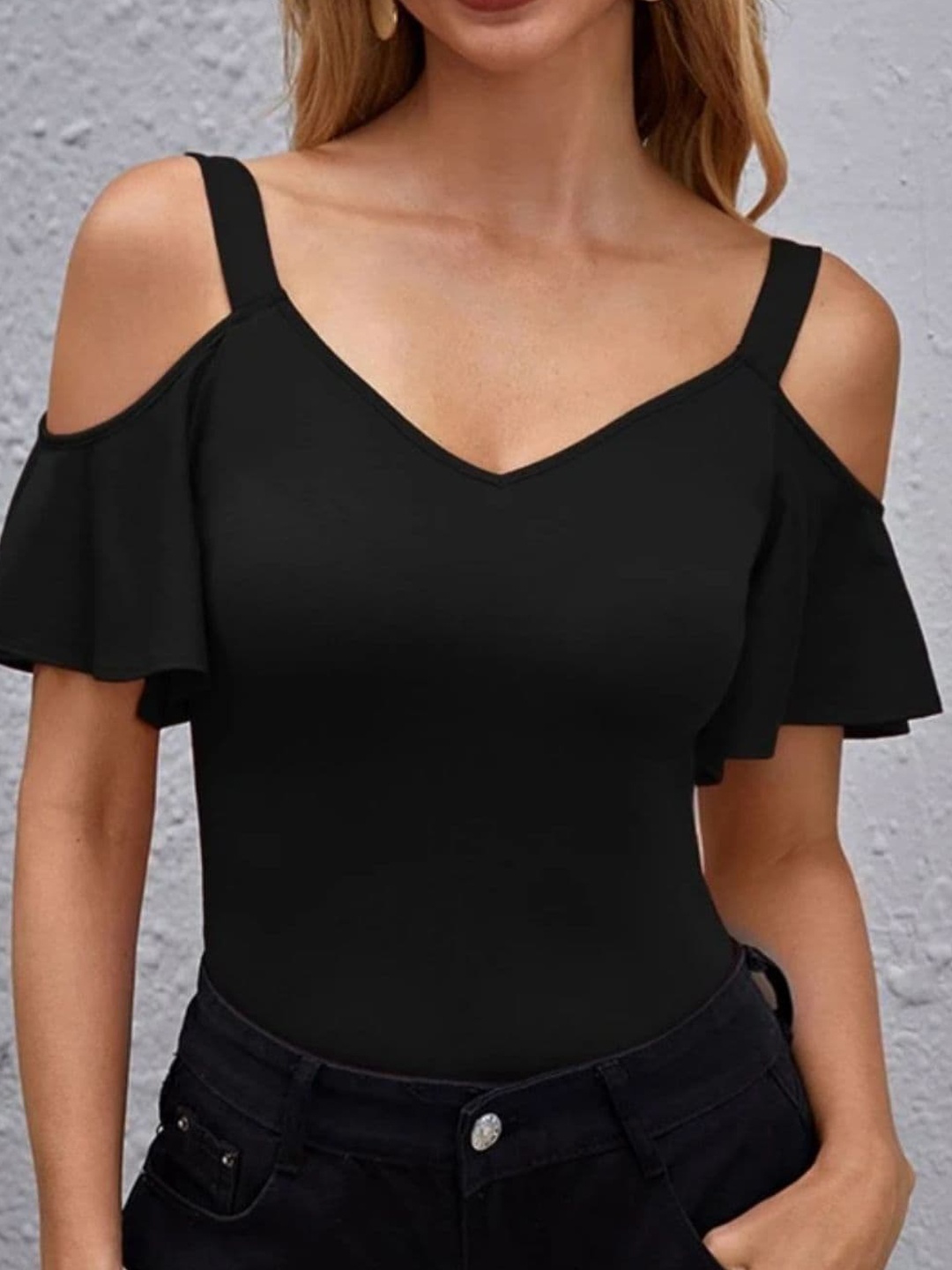 

Styched Shoulder Straps Cold-Shoulder Sleeves Top, Black