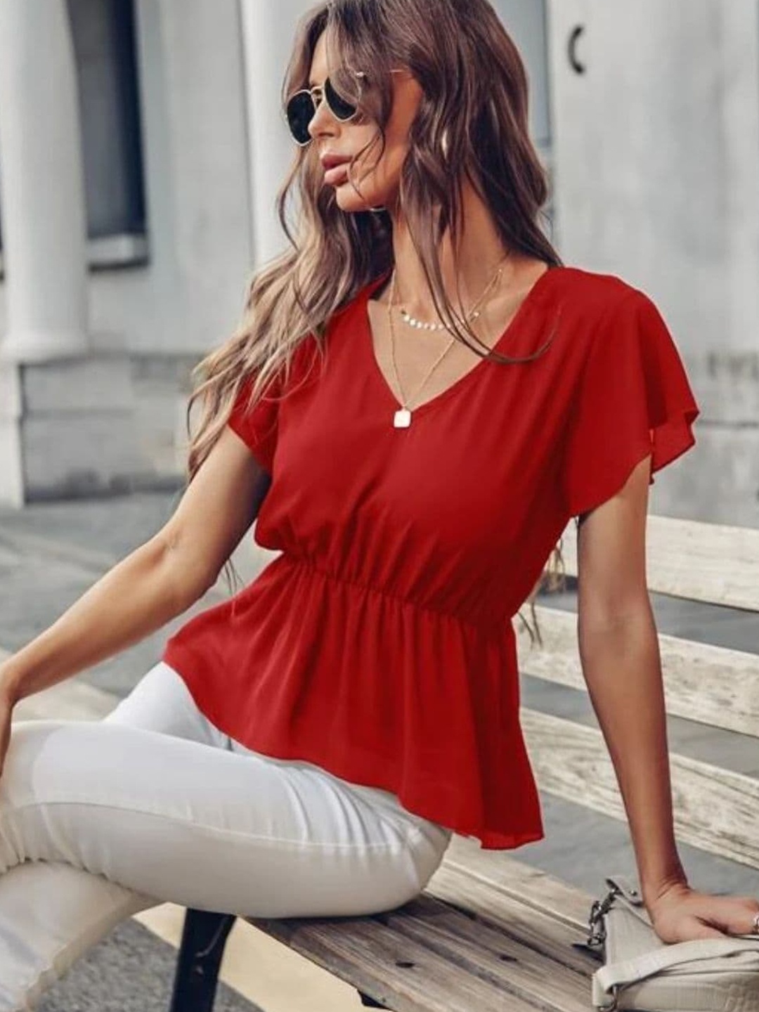 

Styched V-Neck Flutter Sleeve Cinched Waist Top, Red