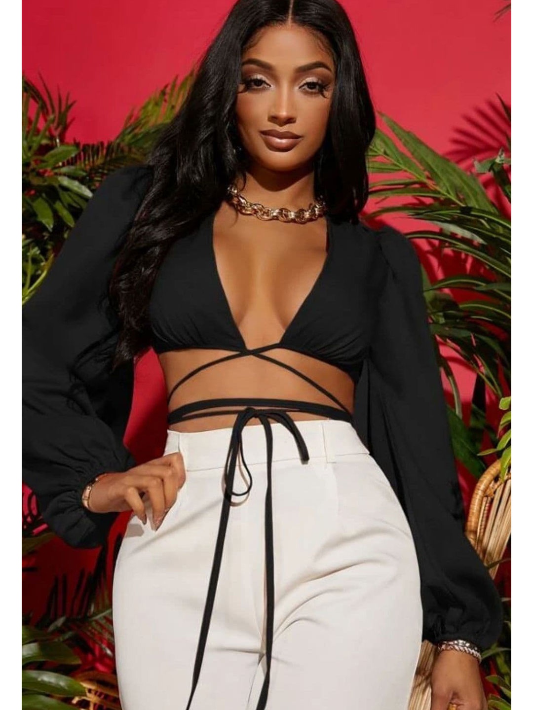 

Styched V-Neck Puff Sleeves Crop Top, Black