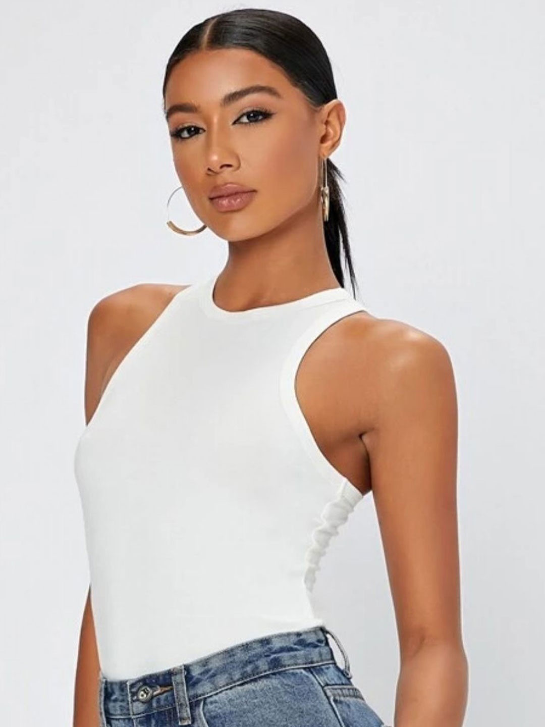 

Styched Round Neck Tank Top, White