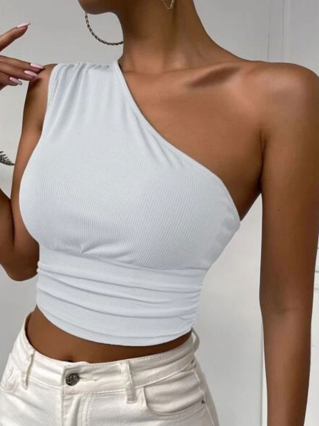 

Styched One Shoulder Cotton Fitted Crop Top, White