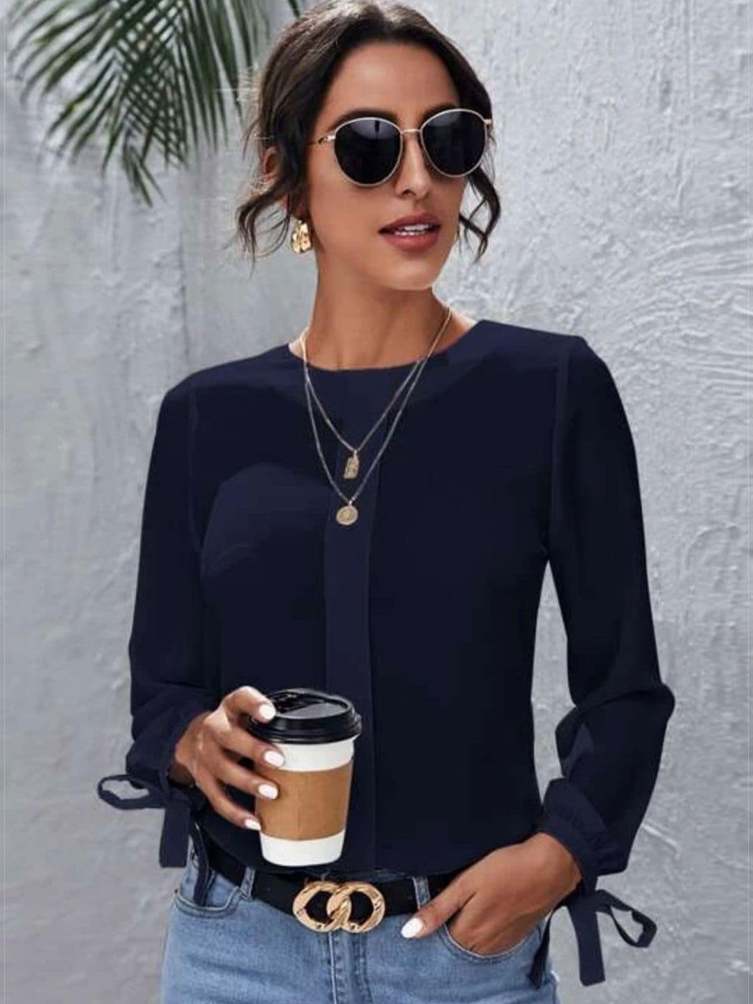 

Styched Round Neck Regular Top, Navy blue