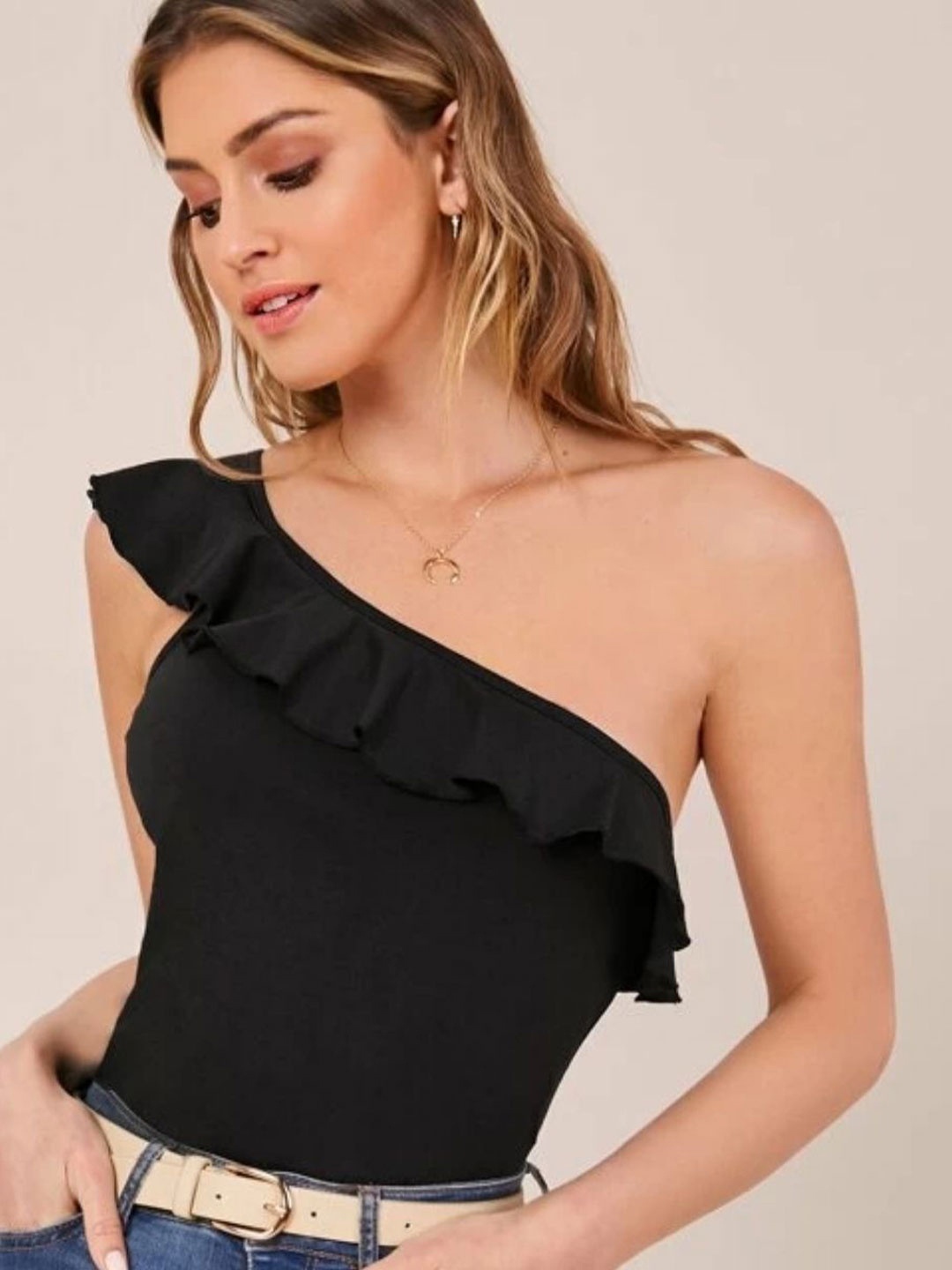 

Styched One Shoulder Ruffled Top, Black