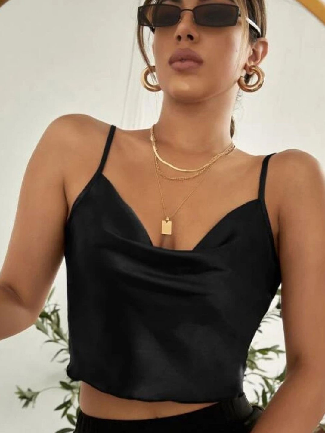 

Styched Cowl Neck Sleeveless Satin Crop Top, Black