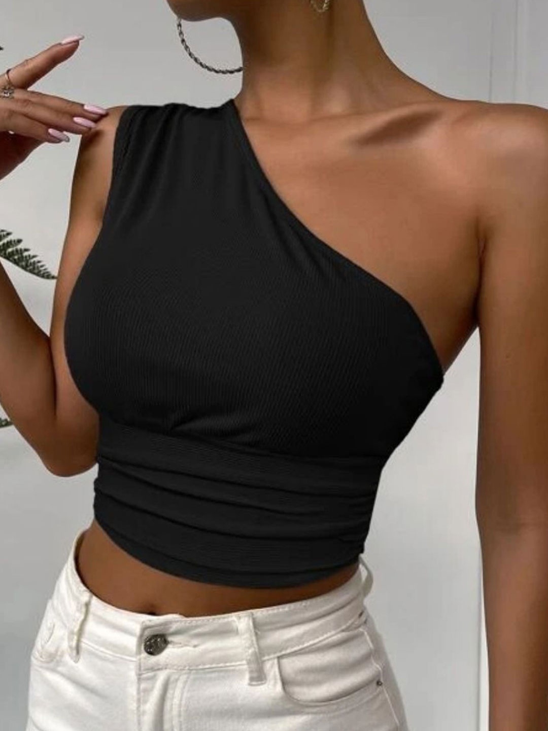 

Styched One Shoulder Cotton Fitted Crop Top, Black