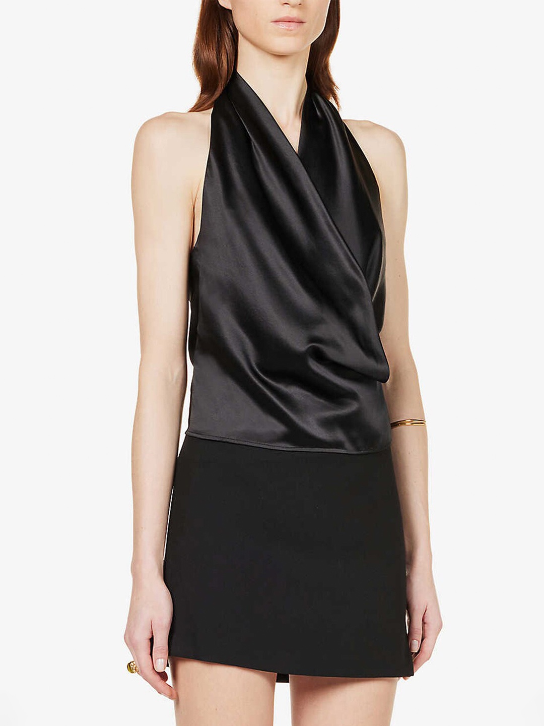 

Styched Halter Neck Sleeveless Satin Wrap Top, Black