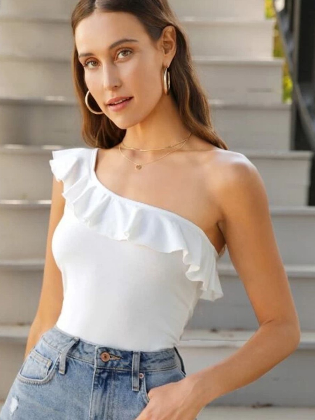 

Styched One Shoulder Ruffles Fitted Top, White