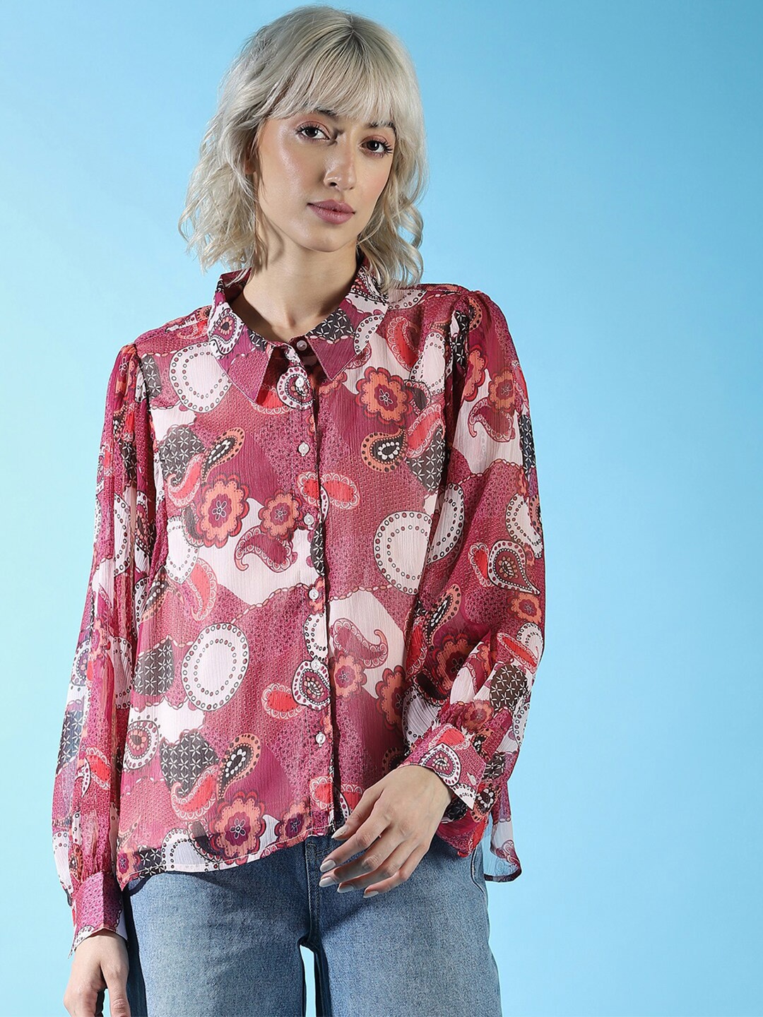 

ONLY Ethnic Motifs Printed Puff Sleeves Casual Shirt, Maroon