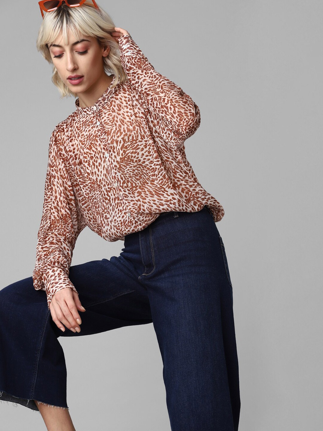 

ONLY Animal Printed Mandarin Collar Casual Shirt, Brown