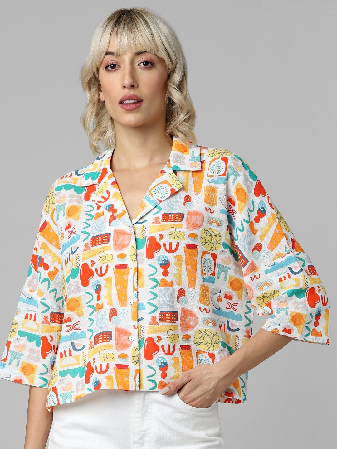 

ONLY Converesatonal Printed Extended Sleeves Cropped Cotton Boxy Shirt, White
