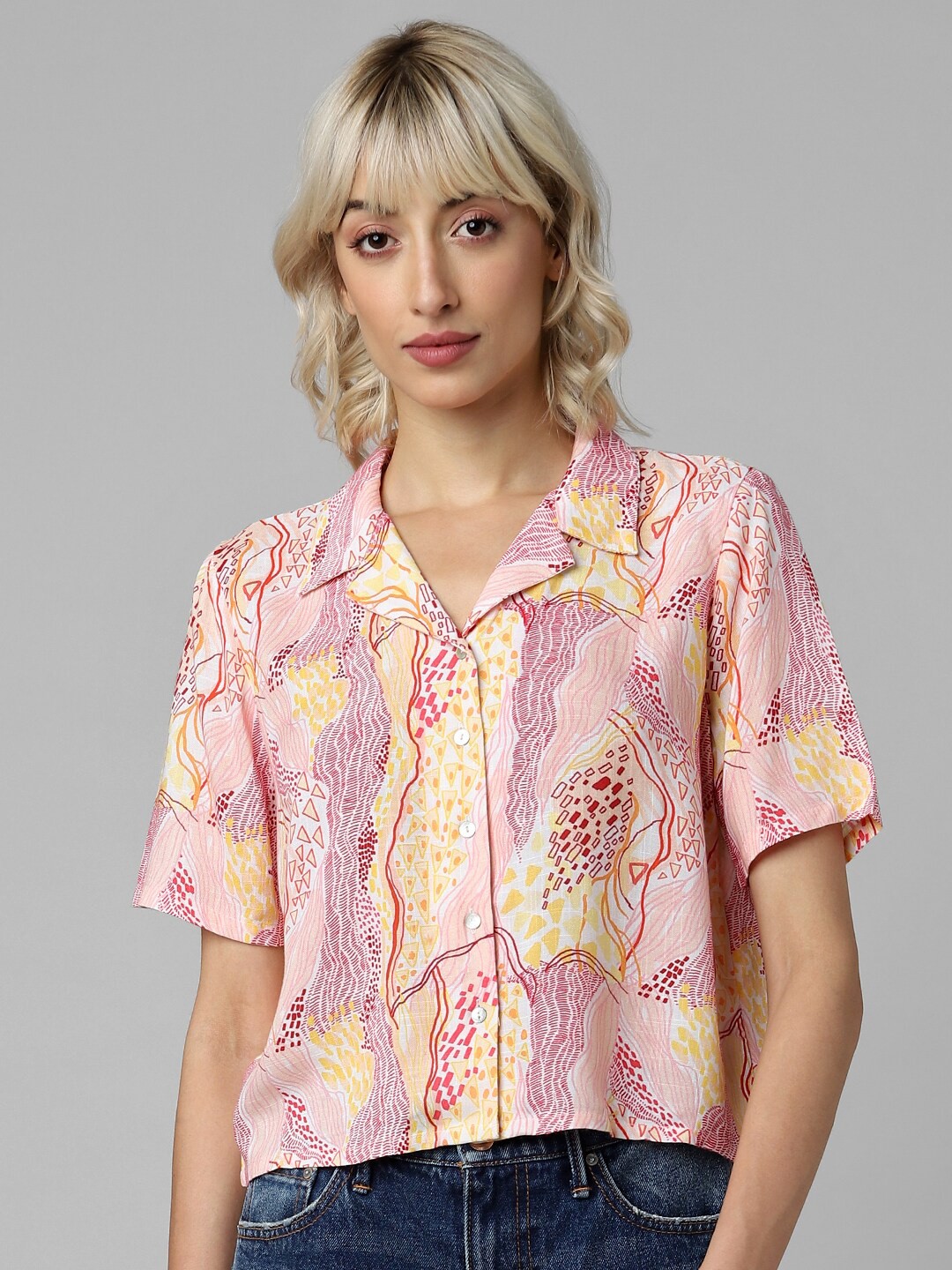 

ONLY Abstract Printed Lapel Collar Boxy -Fit Crop Casual Shirt, Pink