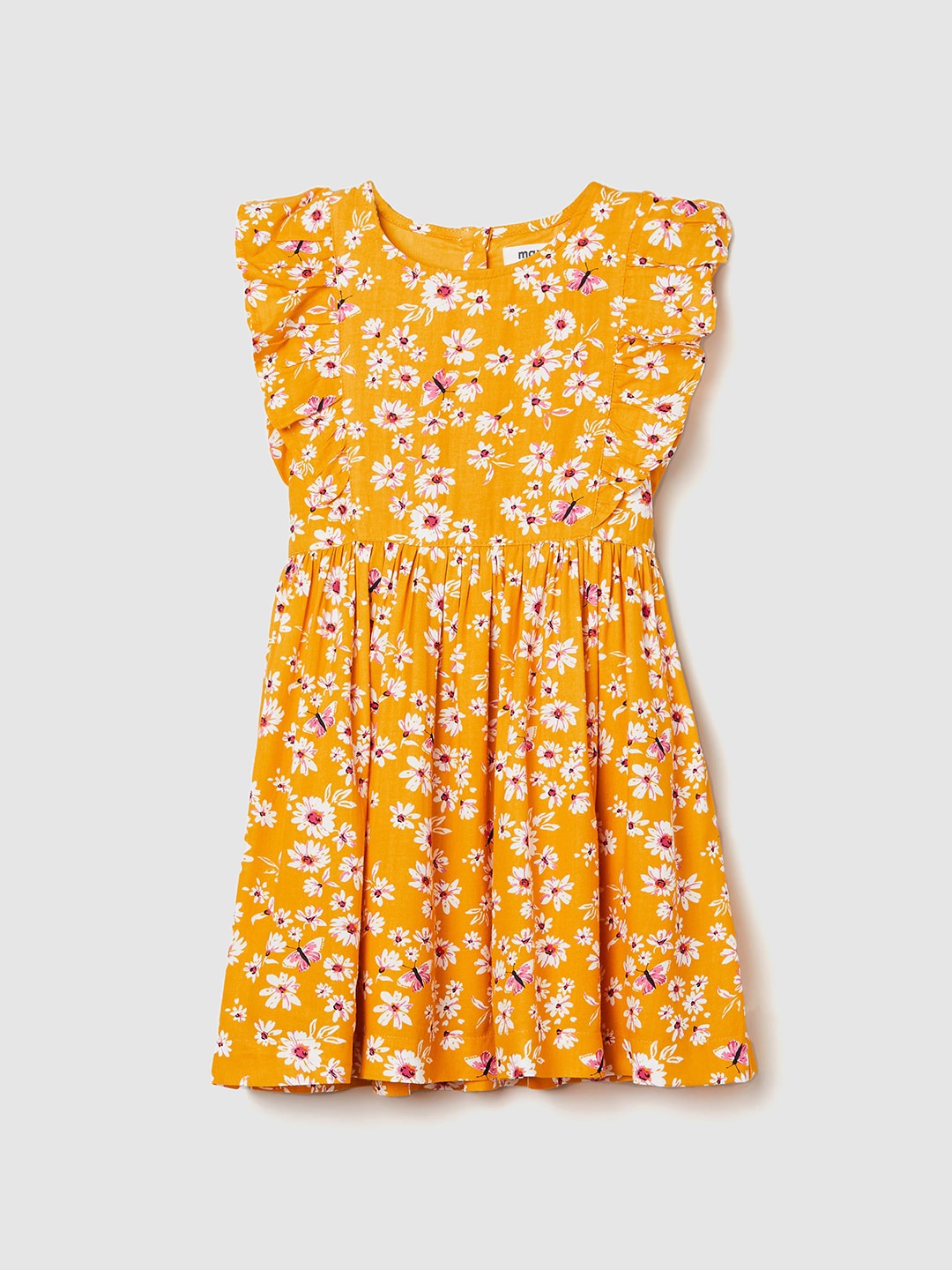 

max Girls Floral Print Round Neck Flutter Sleeve Fit & Flare Dress, Orange