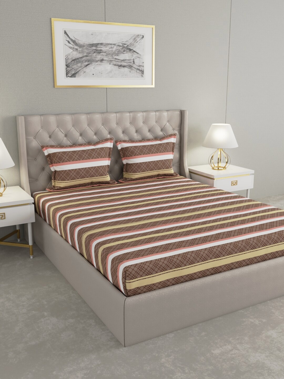 

Raymond Home Exclusive Brown Striped 104 TC Cotton Queen Bedsheet & 2 Pillow Covers