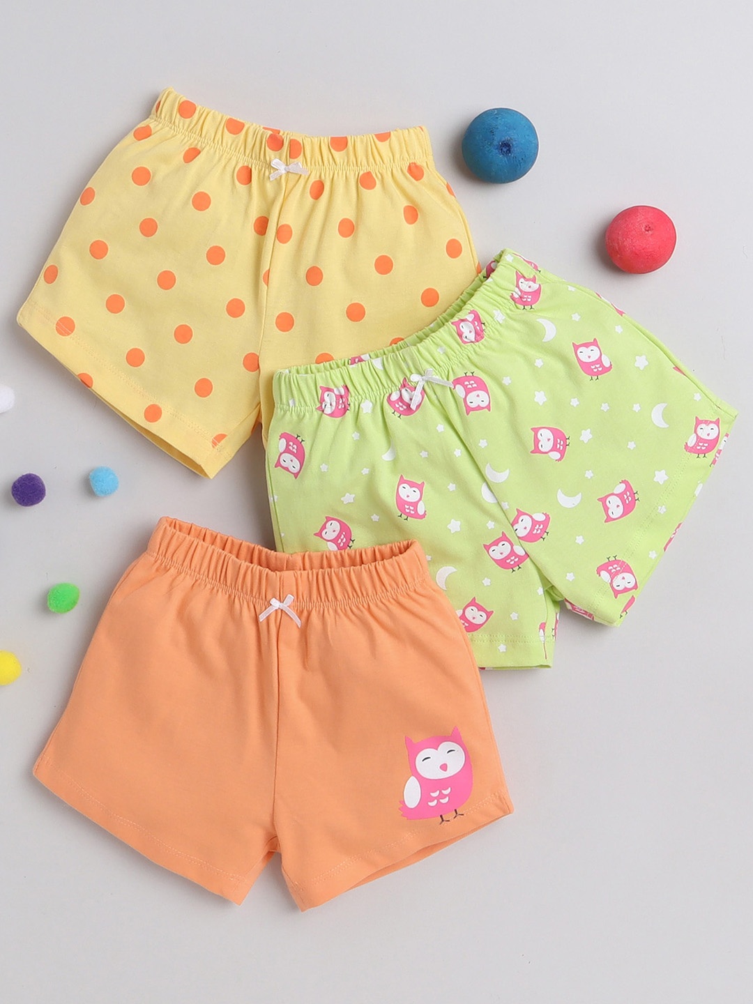 

BUMZEE Infant Girls Pack Of 3 Conversational Printed Mid-Rise Cotton Shorts, Yellow