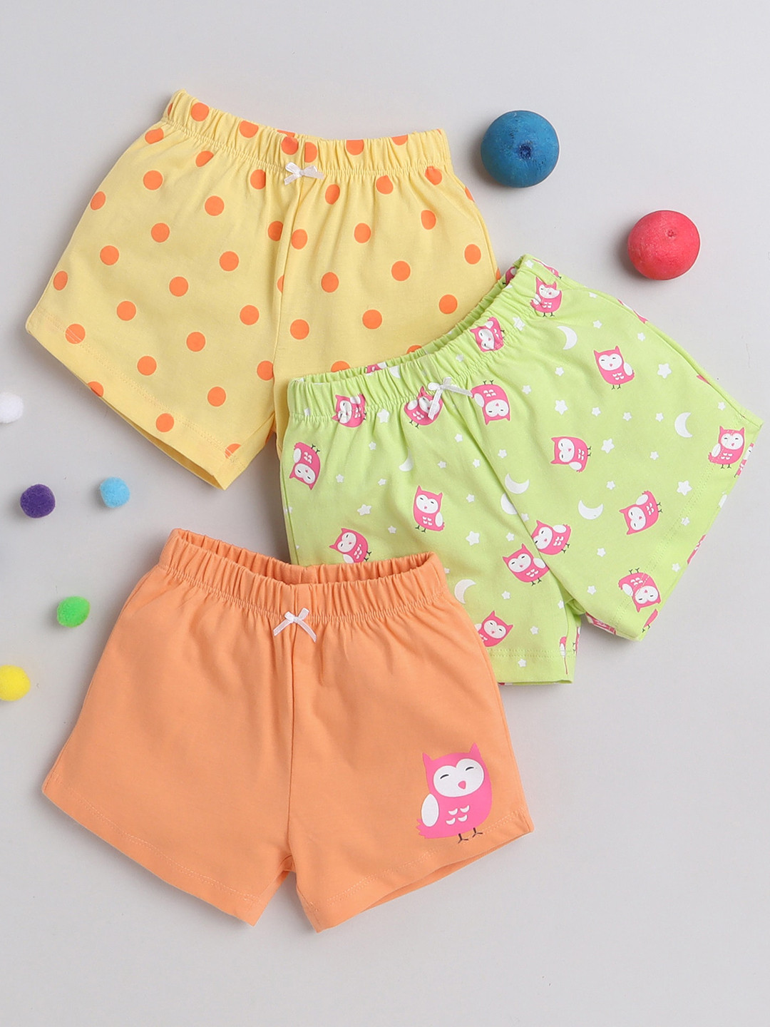 

BUMZEE Girls Pack Of 3 Conversational Printed Mid-Rise Cotton Shorts, Yellow