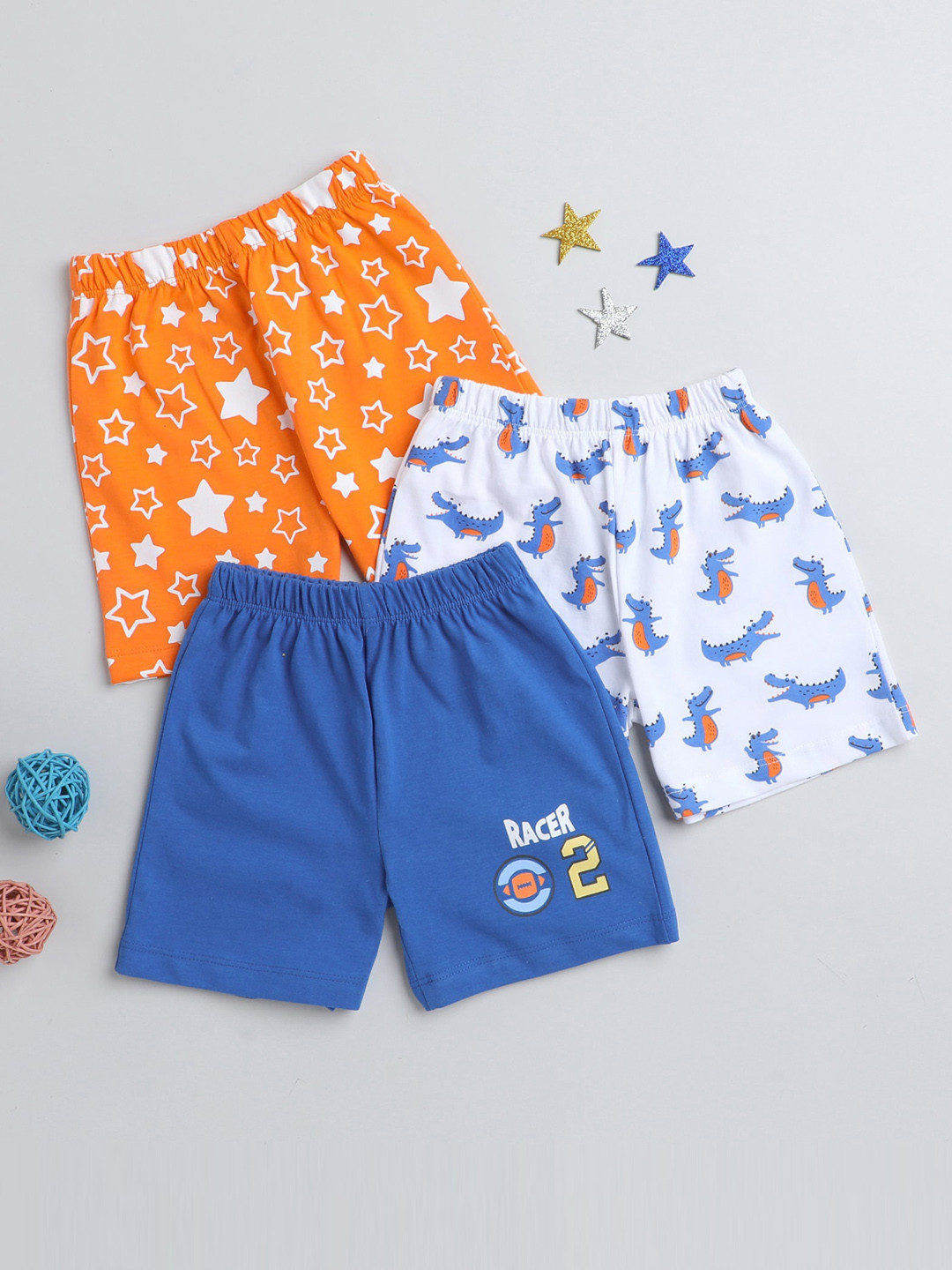 

BUMZEE Infant Boys Pack Of 3 Conversational Printed Mid-Rise Cotton Shorts, Orange