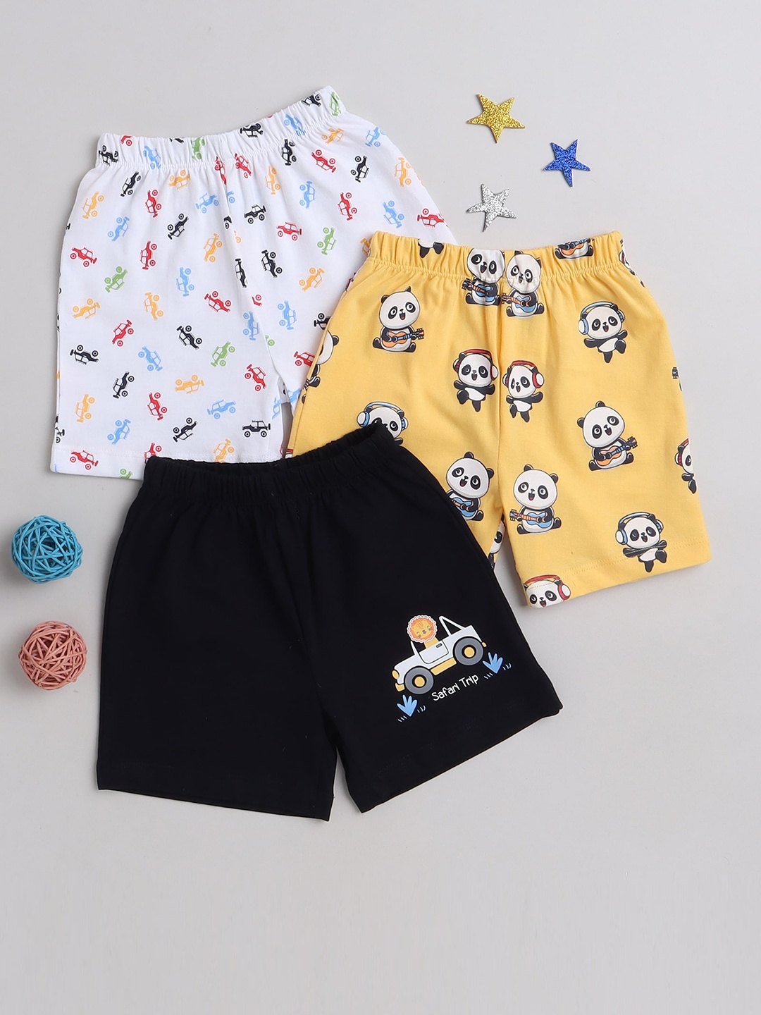 

BUMZEE Infant Boys Pack Of 3 Conversational Printed Mid-Rise Cotton Shorts, Yellow