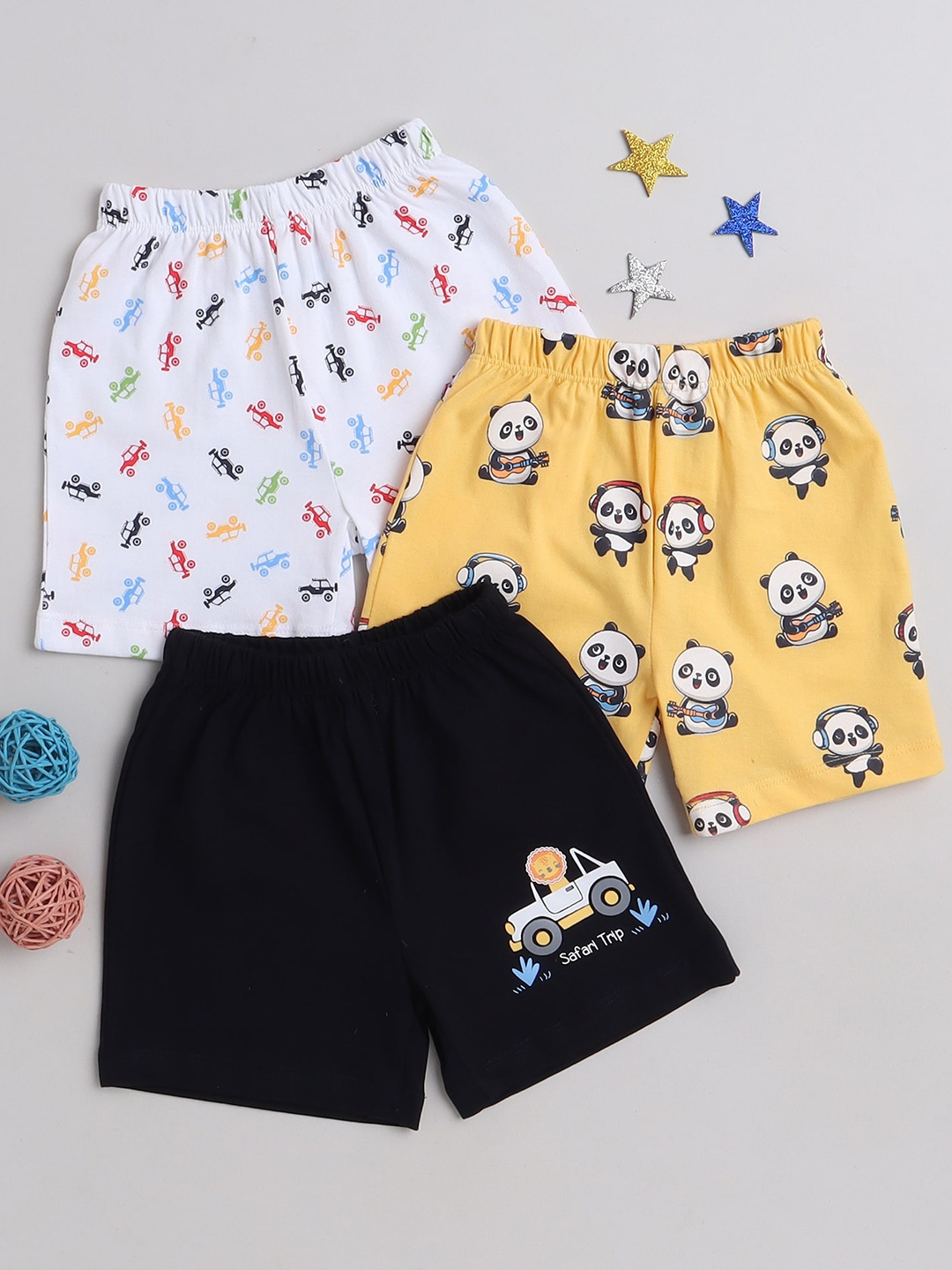 

BUMZEE Boys Pack Of 3 Conversational Printed Mid-Rise Cotton Shorts, Yellow