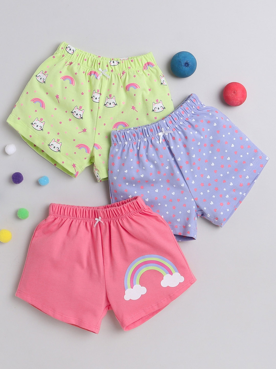 

BUMZEE Infant Girls Pack Of 3 Conversational Printed Mid-Rise Cotton Shorts, Purple