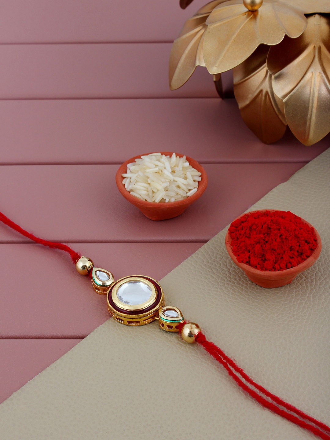 

LUCKY JEWELLERY Circular Shaped Ethnic Charm Meenakari Rakhis, Gold