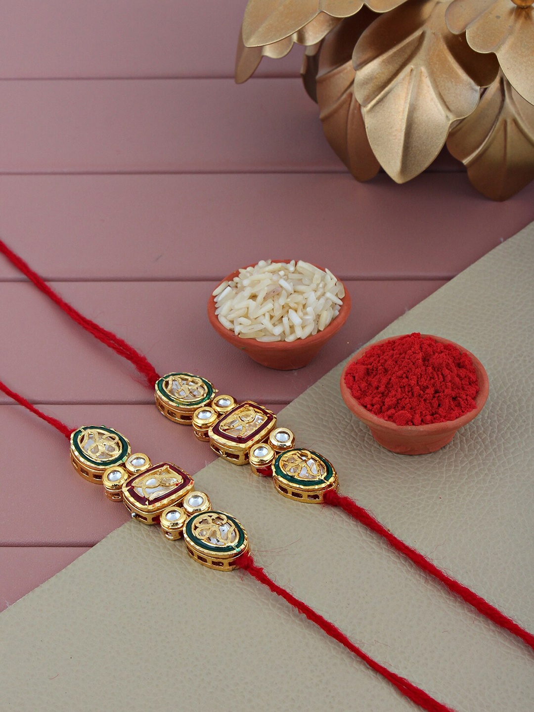 

LUCKY JEWELLERY Pack Of 2 Stone-Studded Meenakari Rakhis, Maroon