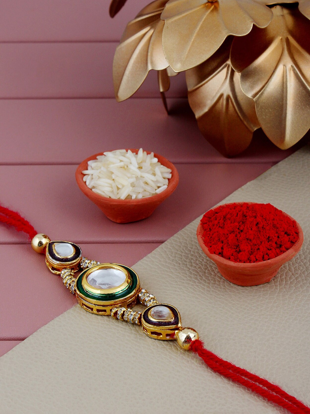 

LUCKY JEWELLERY Stone-Studded Meenakari Rakhi, Gold