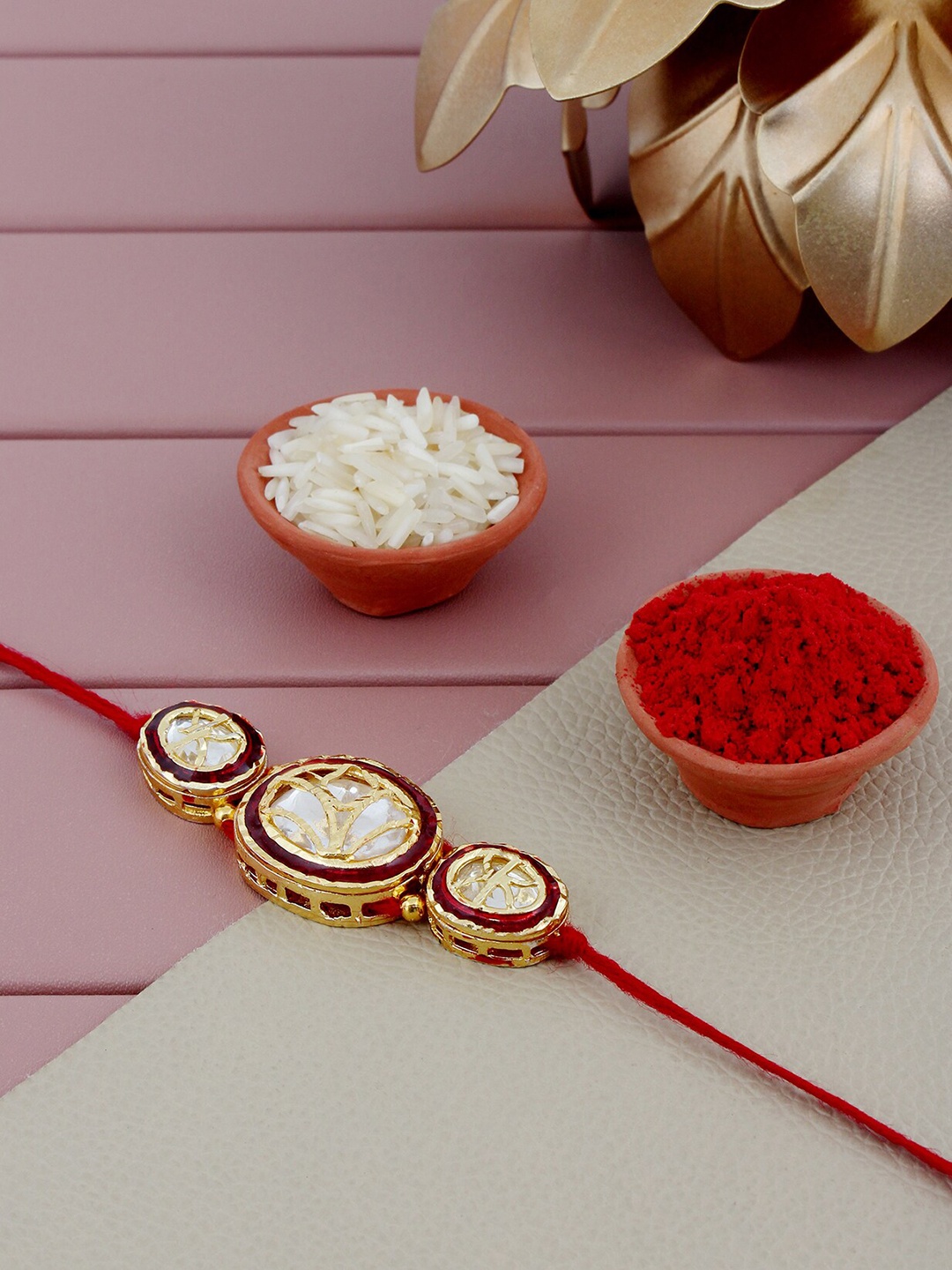 

LUCKY JEWELLERY Stone-Studded Meenakari Rakhis, Gold