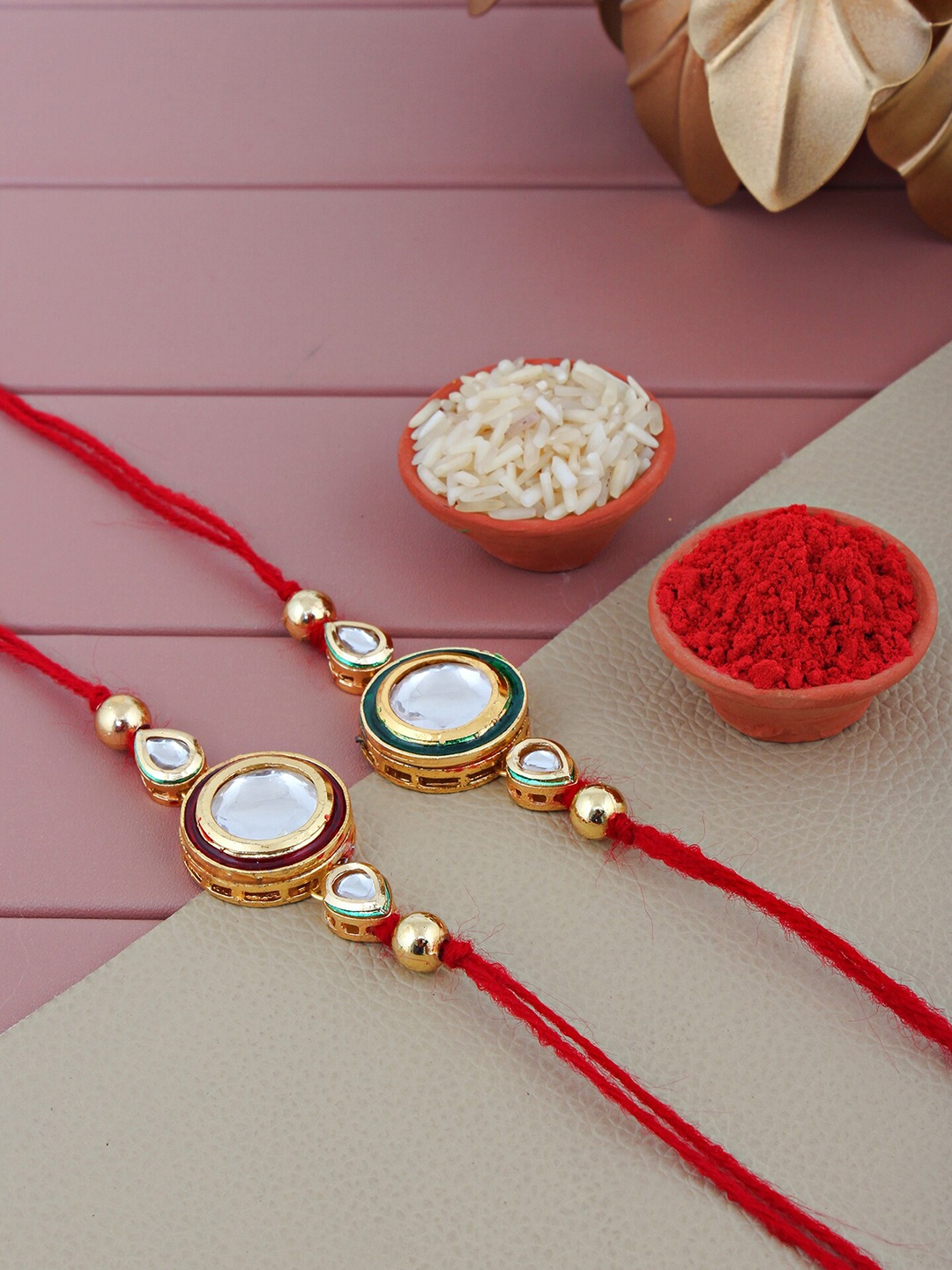

LUCKY JEWELLERY Pack Of 2 Stone-Studded & Beaded Meenakari Rakhi, Gold