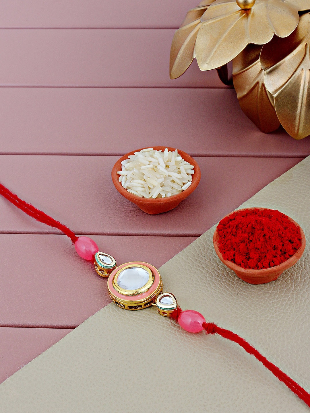 

LUCKY JEWELLERY Stone-Studded Meenakari Rakhis, Pink