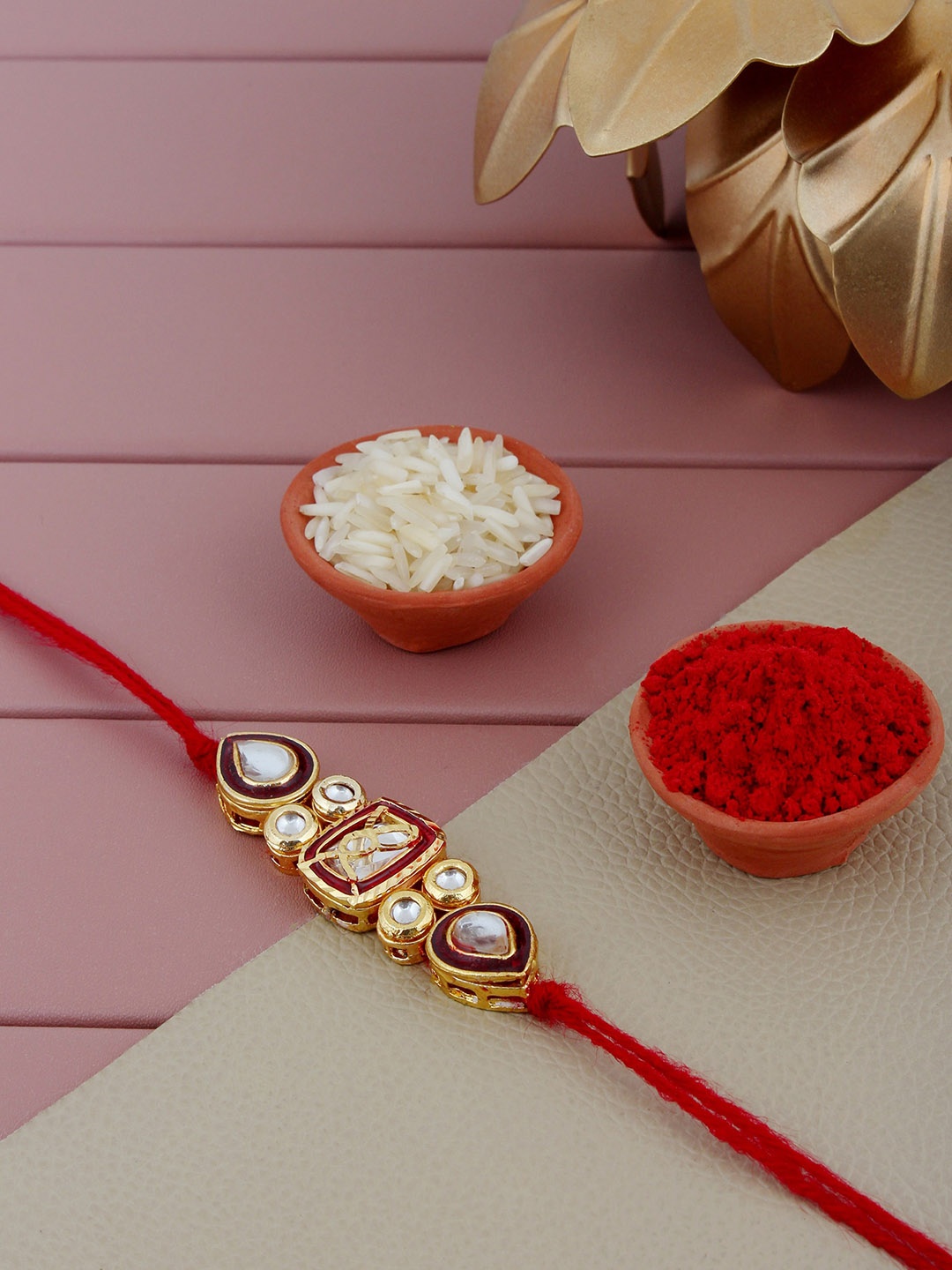 

LUCKY JEWELLERY Pack Of 2 Stone-Studded Meenakari Rakhis, Gold