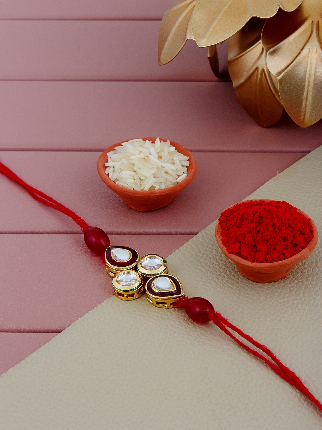 

LUCKY JEWELLERY Stone-Studded Meenakari Rakhi, Gold