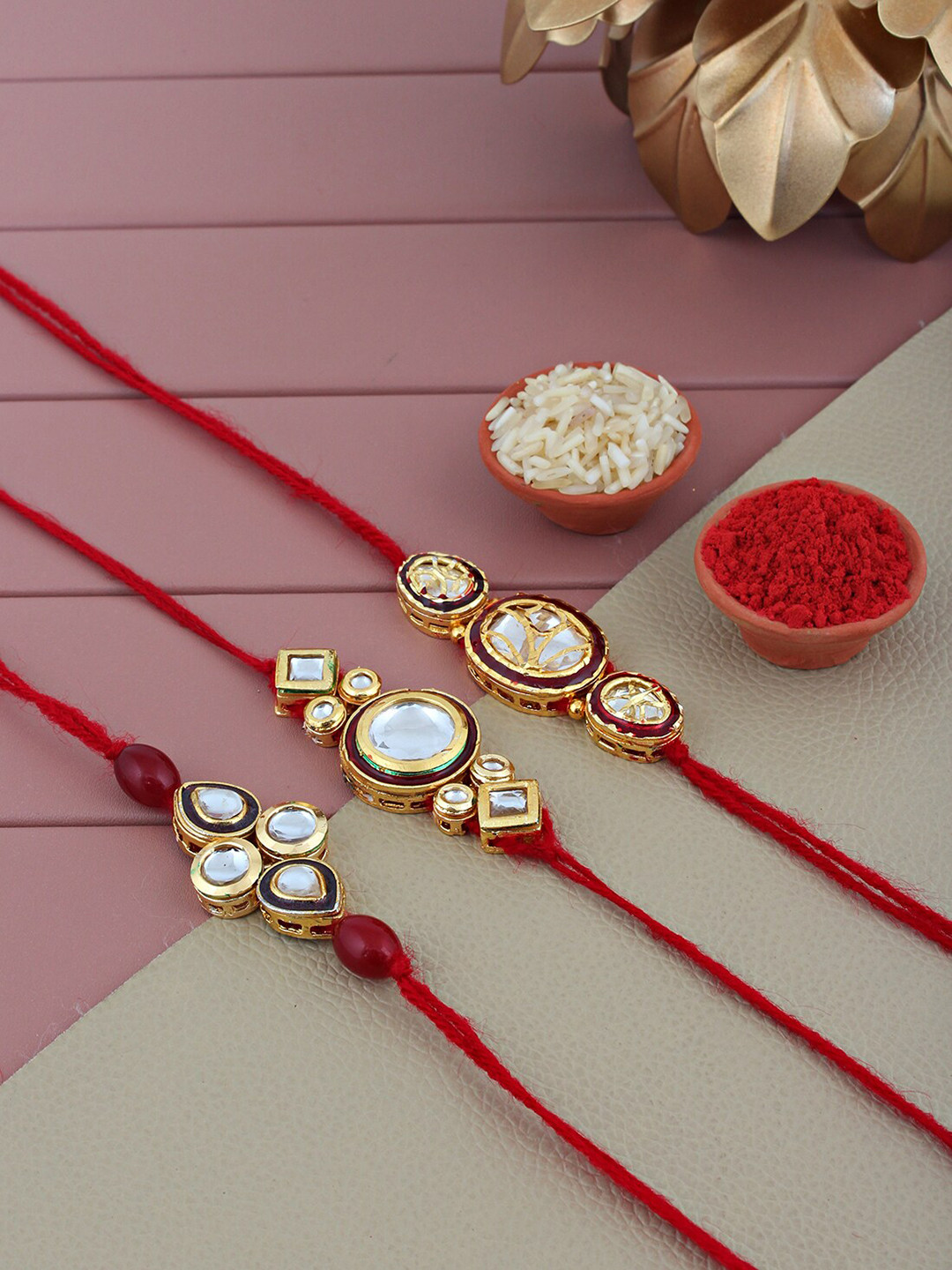 

LUCKY JEWELLERY Set Of 3 Gold Plated Stone Studded Meenakari Rakhis