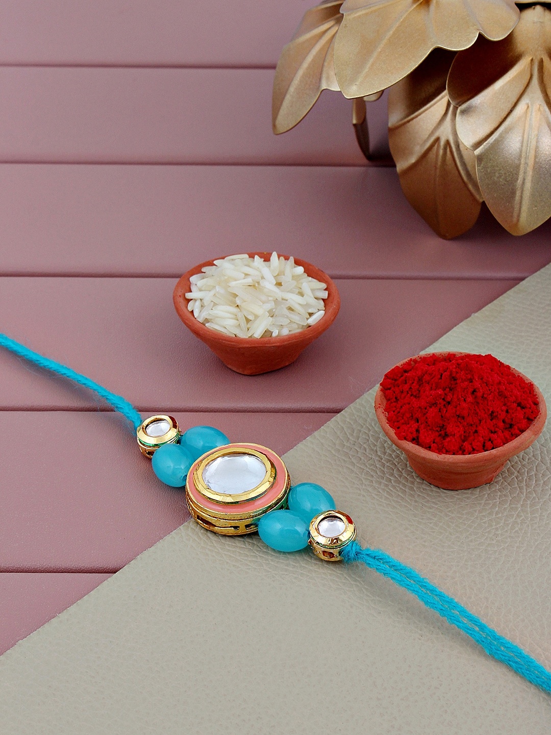 

LUCKY JEWELLERY Gold-Plated Stone Studded Meenakari Rakhis